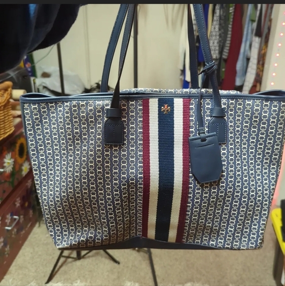 Tory Burch 58450 Gemini Link Canvas Top-Zip Tote Navy EUC - Picture 2 of 3
